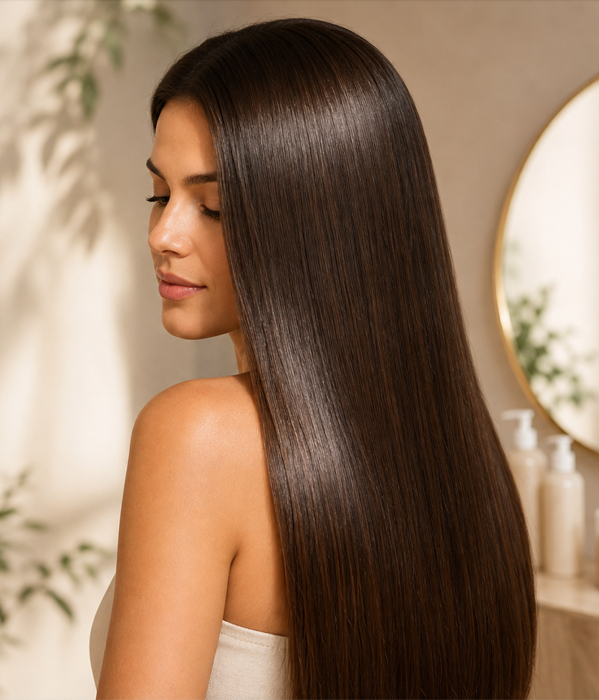 Mulher com cabelo longo, liso, saudável e brilhante